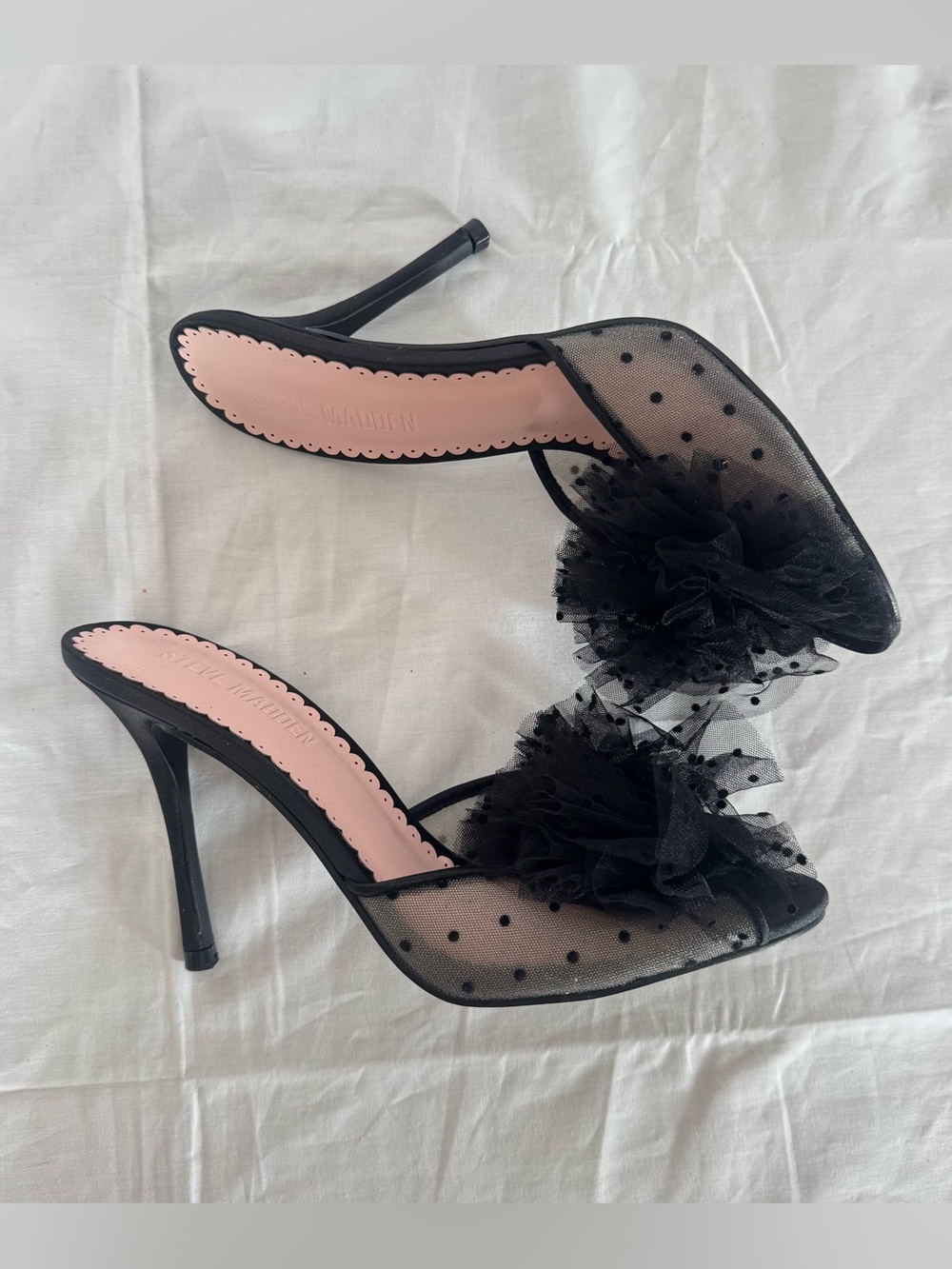 Steve Madden Black Polka Mesh Heeled Slide with Tulle Pom Size 8M